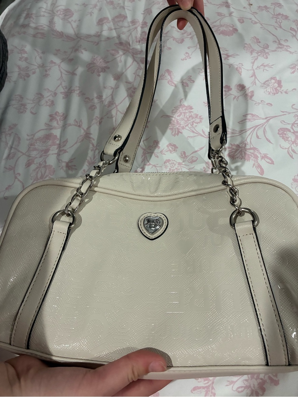 Juicy Couture Cream Patent Heart Accent Shoulder Bag